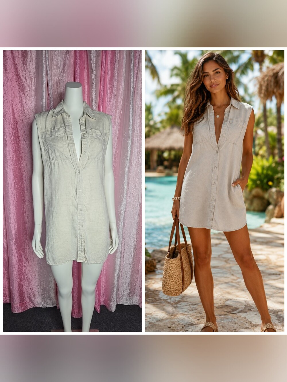 H & M Linen Button Up Beige Sleeveless Beachy Vacation Top Size XS